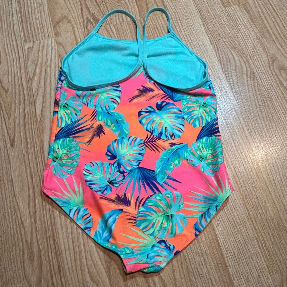 Wonder Nation Girls Tropical Leaf One Piece Swimsuit Pink Orange Teal Size 10-12